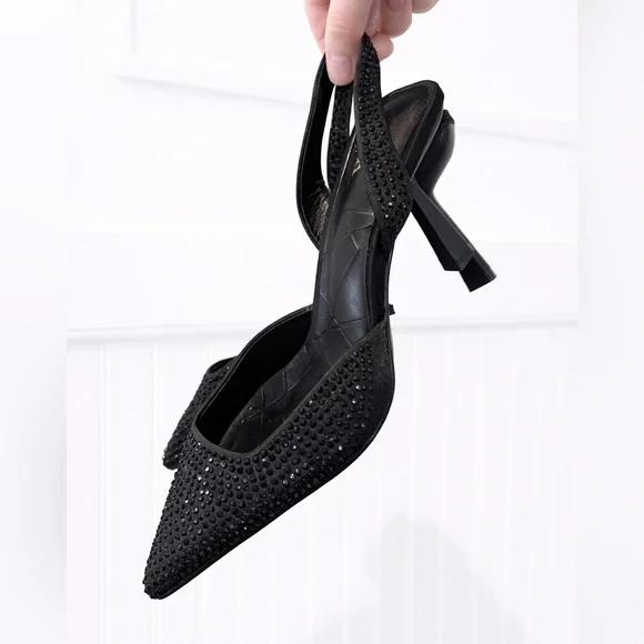 ZARA Black Crystal-Embellished Pointed Slingback 3” Heels - Picture 3 of 4